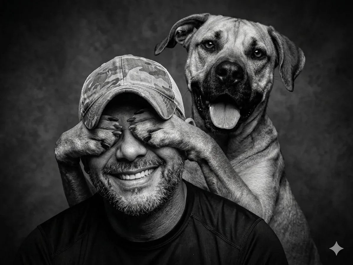 Wilson laughing as his dog covers his eyes with its paws, black-and-white portrait