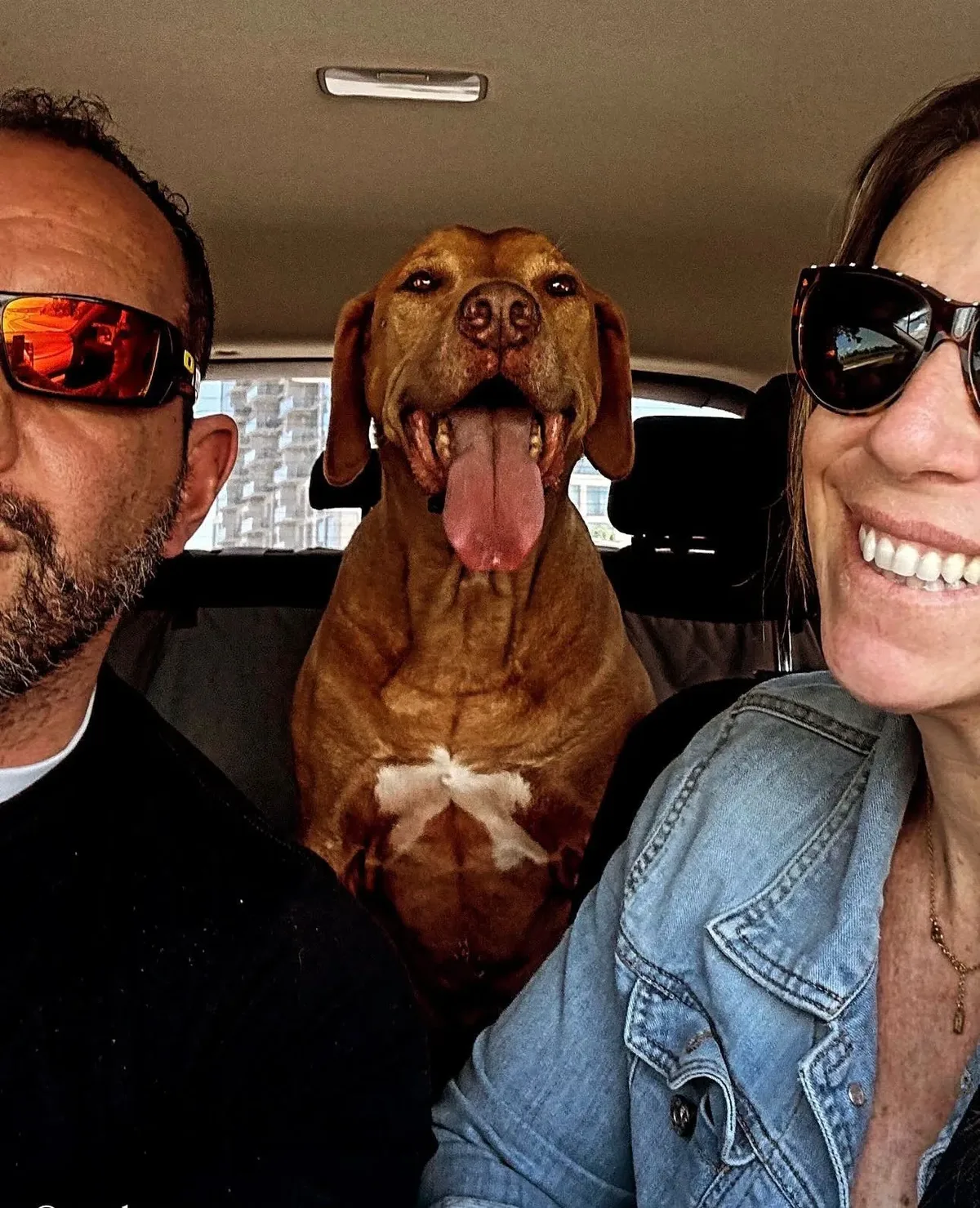 Wilson, his wife, and their dog together in a car