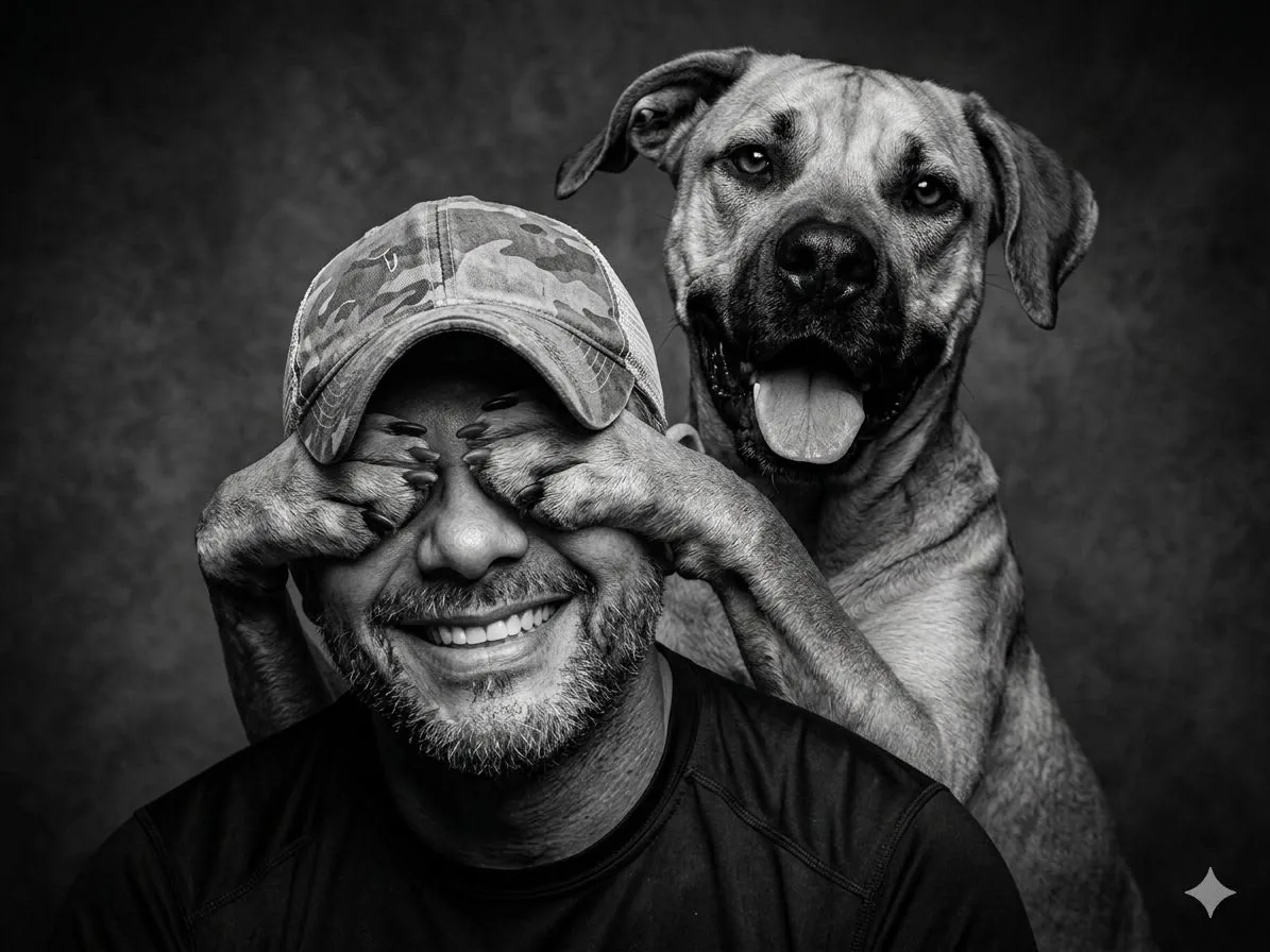 Wilson laughing as his dog covers his eyes with its paws, black-and-white portrait