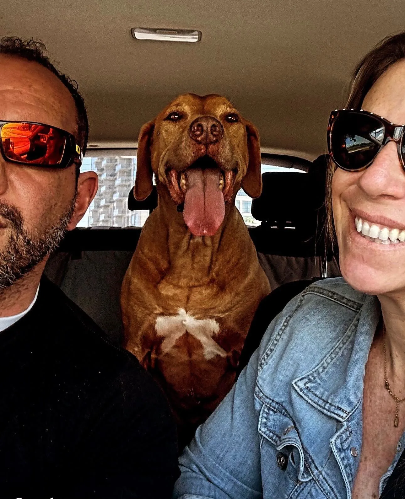 Wilson, his wife, and their dog together in a car